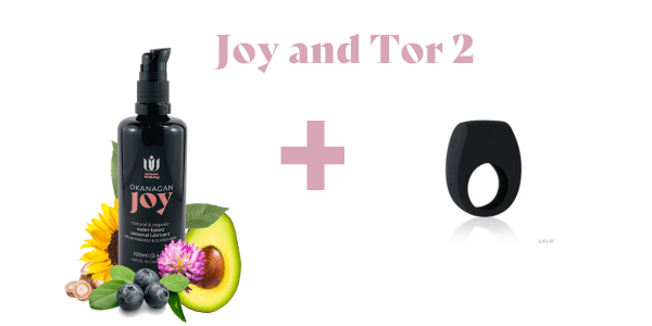 LELO Tor 2 vibrating cock ring for couples, next to Intimate Wellbeing's organic and natural water-based personal lubricant, Okanagan Joy.