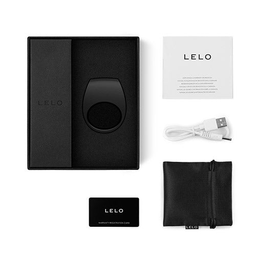 Full LELO box contents, including couples' sex toy, charger, carrying pouch, and manual/warranty.