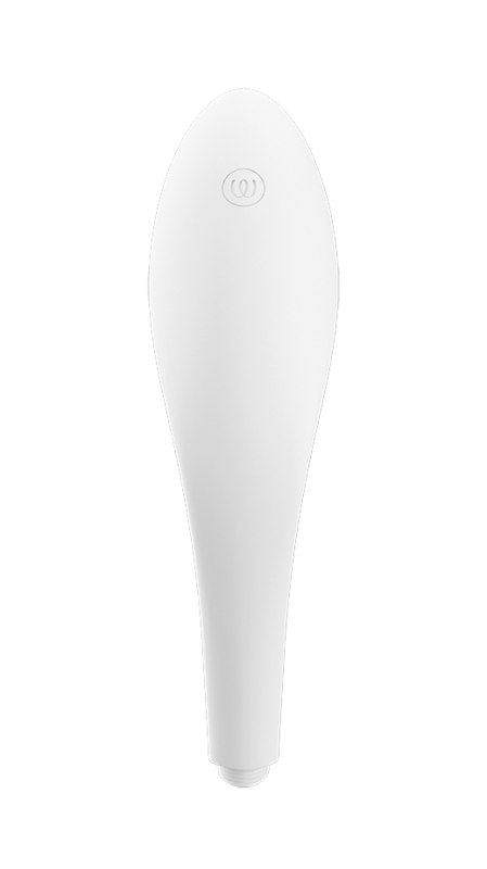 Back of white shower head, with Womanizer logo visible.