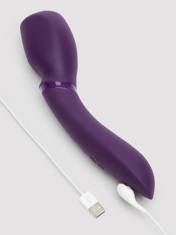 Wand 2 connected to charger. Massager features a USB-rechargeable battery with up to 120 minutes run time.