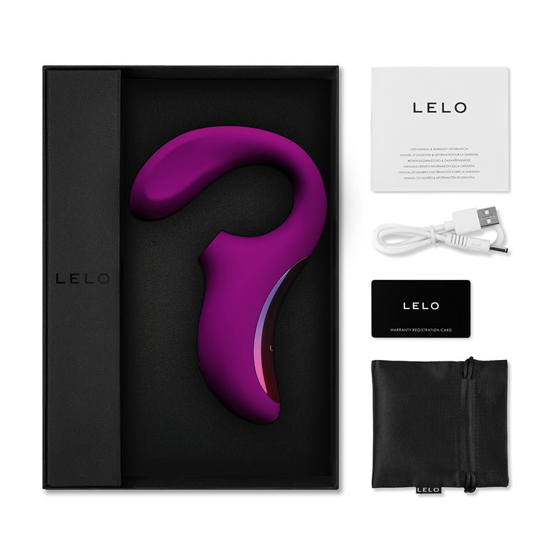 Full box contents, including LELO vibrator, charger, carrying pouch, and manual/warranty.