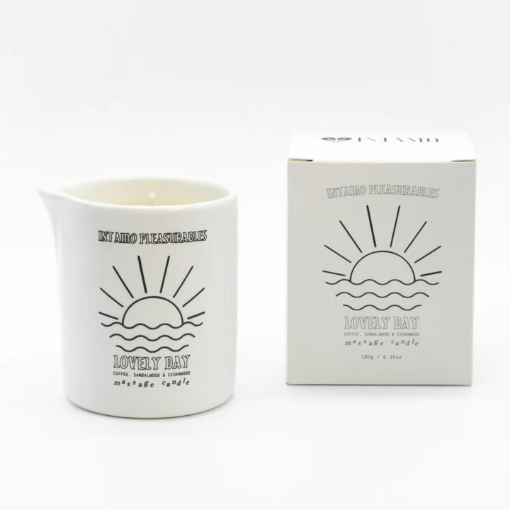 Intamo Pleasurables Lovely Day massage candle. Coffee, sandlewood, and cedarwood.