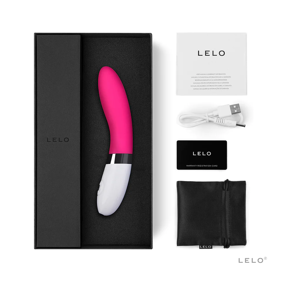 Full box contents, including LELO sex toy, charger, carrying pouch, and manual/warranty.