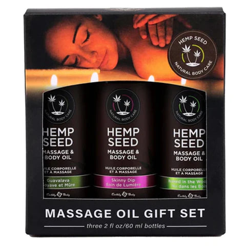 Earthly Body hemp seed massage oil gift set. Three 2oz bottles: Guavalava, Skinny Dip, and Naked in the Woods.