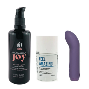 The Midlife Essential Gee Bundle: the Je Joue G-Spot bullet vibrator, Feel Amazing vulva and vaginal moisturizer, and Okanagan Joy natural and organic personal lubricant.