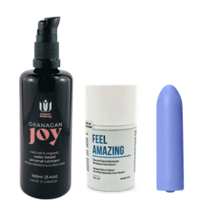 The Midlife Essential Zee Bundle: the Dame Zee bullet vibrator, Feel Amazing vulva and vaginal moisturizer, and Okanagan Joy natural and organic personal lubricant.