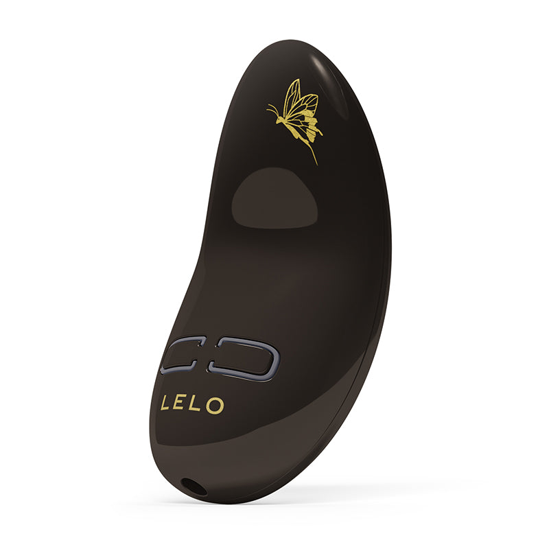 The LELO Nea 3 petite personal massager in pitch black colour with gold accents.