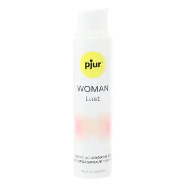 Pjur Woman Lust orgasm gel in 15ml. Picture shows front of stimulating lubricant bottle.