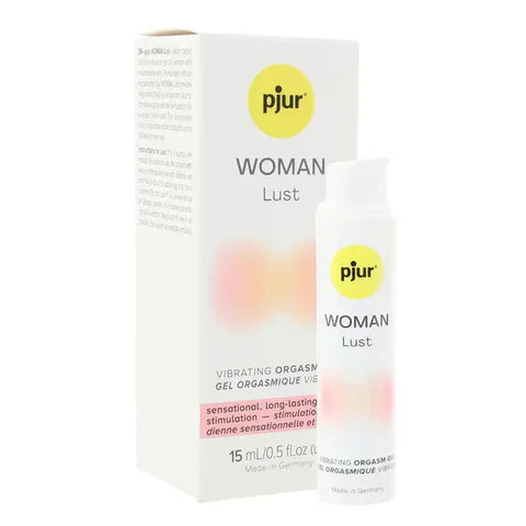 Pjur Woman Lust water-based lubricant shown next to white box.