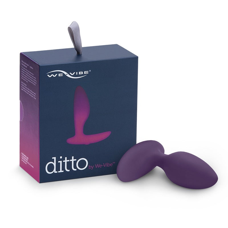 We-Vibe Ditto Vibrating Anal Plug in purple, shown outside of box.