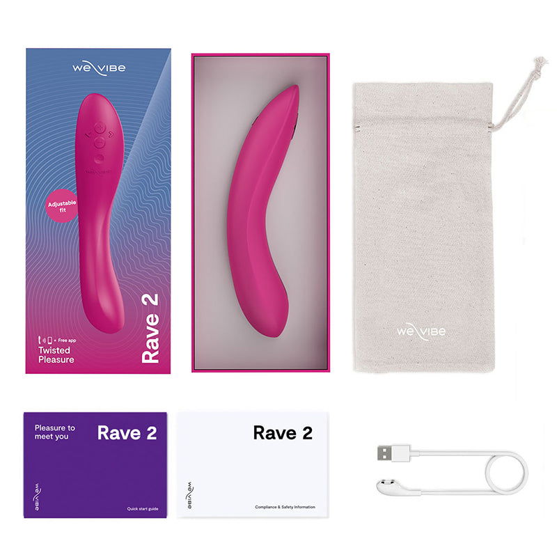 Full box contents, including We-Vibe Rave 2, USB charging cable, carrying pouch, and manual/warranty.