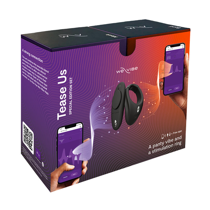 The We-Vibe Tease Us Couples Kit, with panty vibe Moxie and stimulation ring Bond.