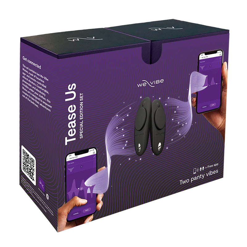 The We-Vibe Tease Us Couples Kit, with two We-Vibe Moxie wearable panty vibrators.
