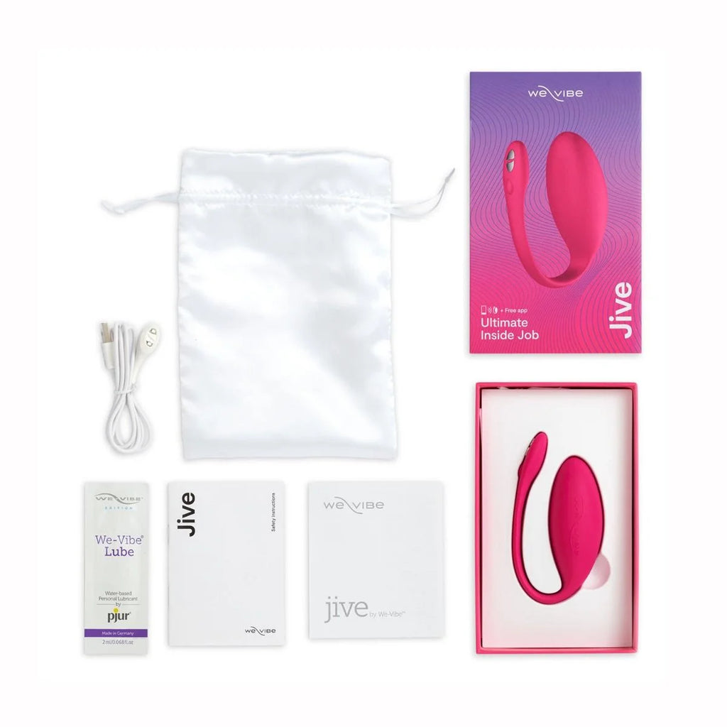 Full box contents of We-Vibe Jive, including vibrator, charger, carrying pouch, mannual/warranty, and sample lube.