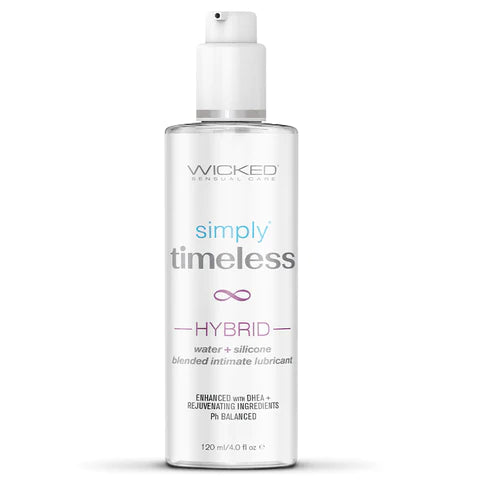 Wicked Simply Timeless Hybrid 4oz lubricant. Water and silicone blend.