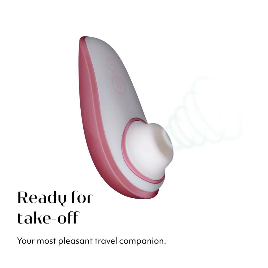 Womanizer toy with text: "Ready for take-off. Your most pleasant travel companion."
