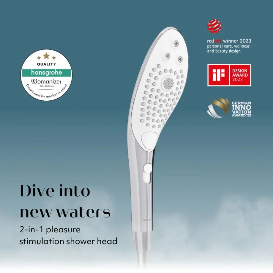 Womanizer Wave shower head with multiple awards for innovation and design.