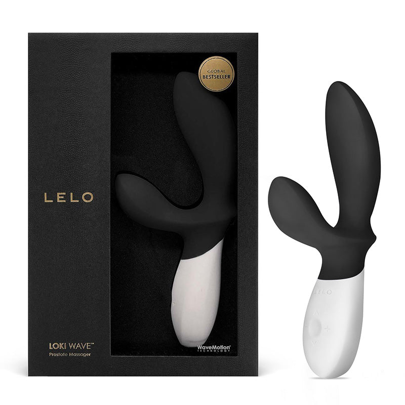 Global bestseller LELO Loki Wave prostate massager in black, next to box.