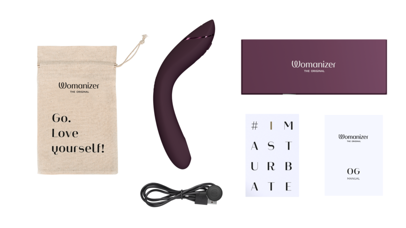 Full box contents, including women's sex toy, charger, carrying pouch, and manual/warranty.
