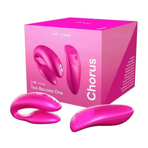 We-Vibe Chorus Couples Vibrator in pink, shown next to box.