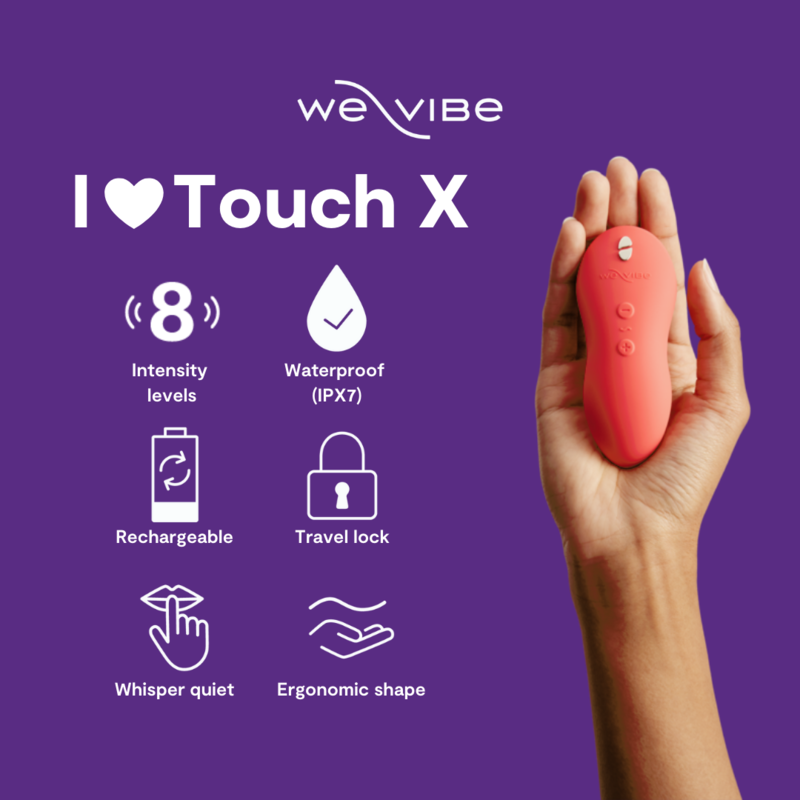 Touch X features: 8 intensity levels, IPX7 waterproof, rechargeable, travel lock, whisper quiet, ergonomic shape.