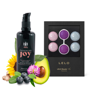 Intimate Wellbeing's signature water-based personal lubricant, Okanagan Joy, next to LELO Beads Plus.