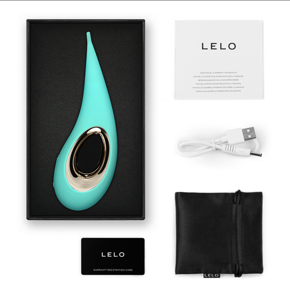 Full box contents for LELO Dot, including vibrator, charger, carrying pouch, and manual/warranty.