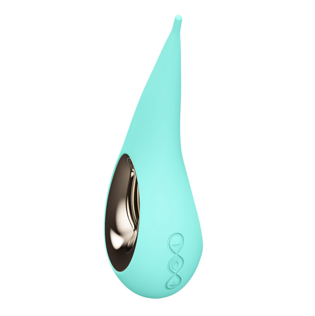 LELO Dot clitoral vibrator in aqua. Side view with buttons shown on side.