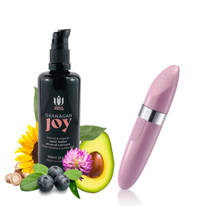 Okanagan Joy water-based personal lubricant next to LELO Mia 2 lipstick vibrator.