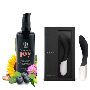 Black LELO Mona Wave G-Spot massager next to Intimate Wellbeing's signature water-based personal lubricant, Okanagan Joy.