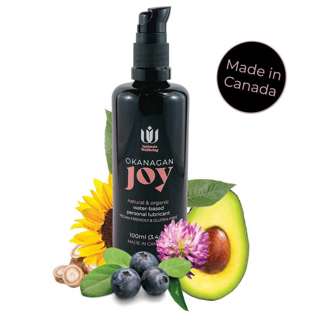 Intimate Wellbeing's natural and organic water-based personal lubricant, Okanagan Joy. Vegan-friendly and gluten-free. Made in Canada.