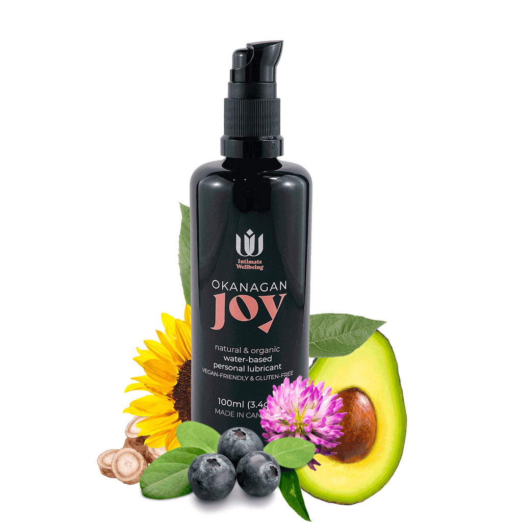 one bottle of personal lubricant Okanagan Joy, shown next to natural ingredients like avocado, sunflower, and blueberries
