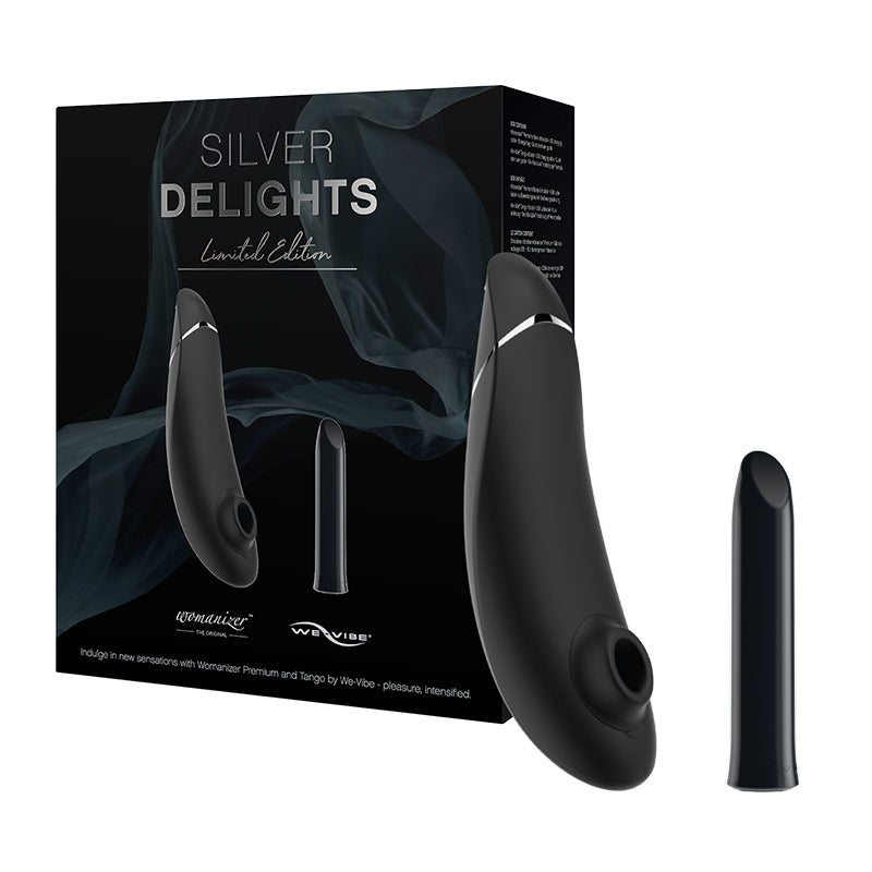 The We-Vibe Silver Delights vibrator set, including the We-Vibe Tango and the Womanizer Premium.