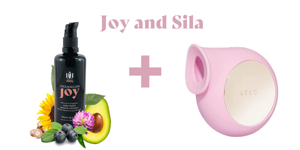LELO Sila clitoral sonic wave vibrator in pink next to Intimate Wellbeing's signature water-based natural personal lubricant, Okanagan Joy.