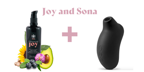 LELO Sona clitoral stimulator, next to Intimate Wellbeing's signature personal lubricant, Okanagan Joy.