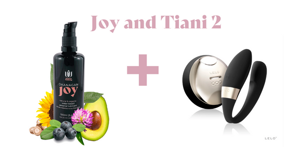 LELO Tiani 2 couples' vibrator next to Intimate Wellbeing's natural and organic water-based personal lubricant, Okanagan Joy.